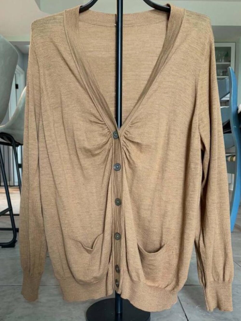 Camel Tan Cotton Wool Blend Ruched V-Neck Cardigan M (estimated)
